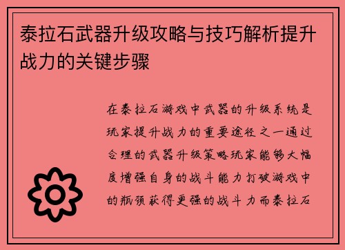 泰拉石武器升级攻略与技巧解析提升战力的关键步骤